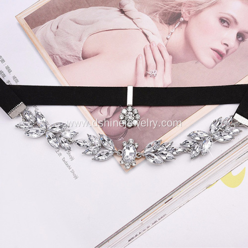 Black Crystal Velvet Leather Choker Necklace For Women